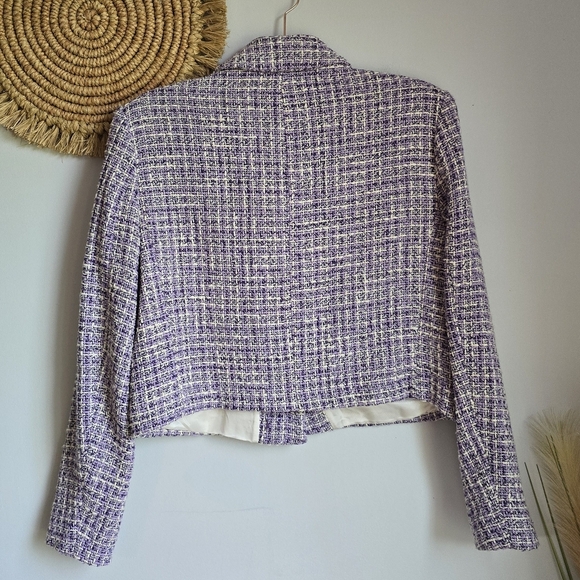 Zara, New, Purple Tweed Textured Fitted Preppy Cropped Blazer Jacket SZ Large - Picture 7 of 14